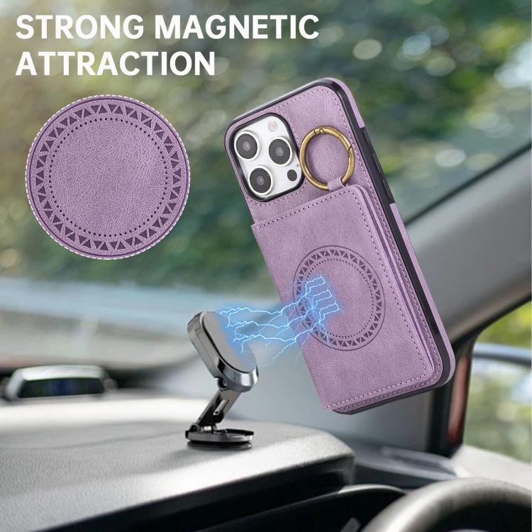 For iPhone 16 Pro Max Car Magnetic Ring Buckle Card Bag Phone Case with Lanyard