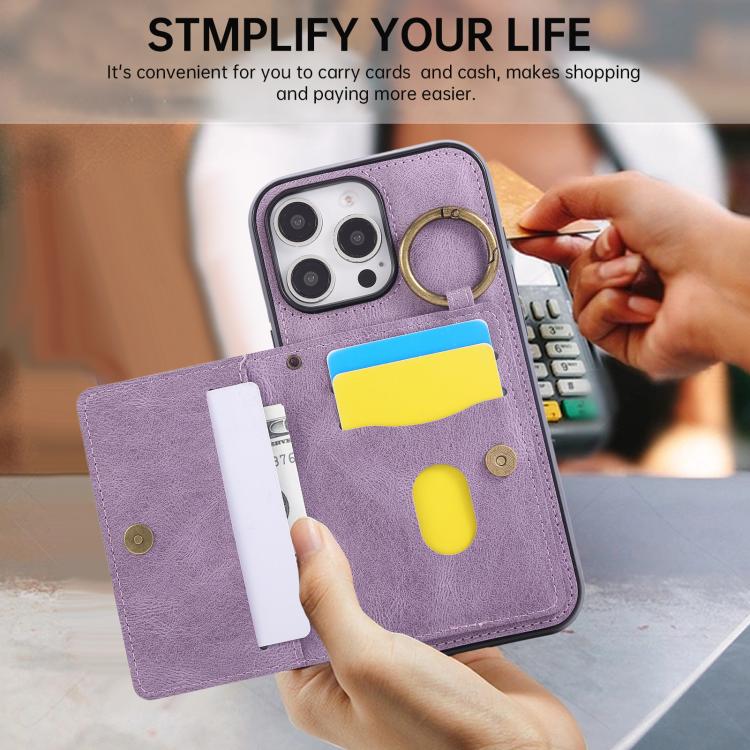 For iPhone 16 Pro Max Car Magnetic Ring Buckle Card Bag Phone Case with Lanyard