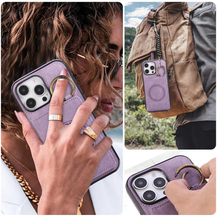 For iPhone 16 Pro Max Car Magnetic Ring Buckle Card Bag Phone Case with Lanyard