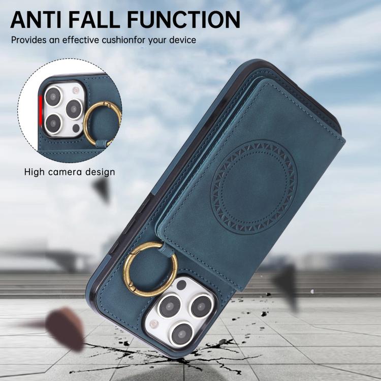 For iPhone 16 Pro Max Car Magnetic Ring Buckle Card Bag Phone Case with Lanyard