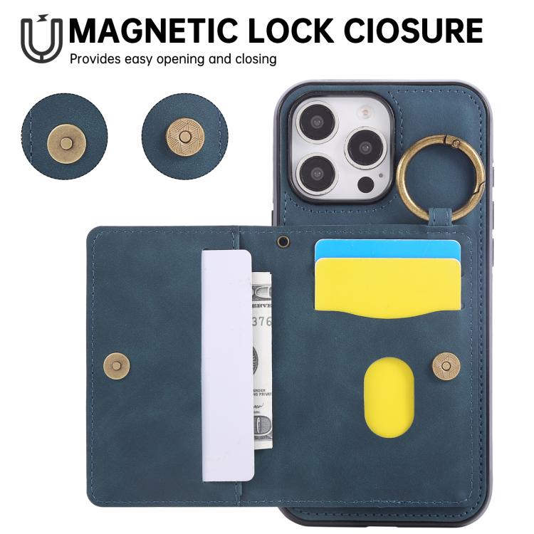 For iPhone 16 Pro Max Car Magnetic Ring Buckle Card Bag Phone Case with Lanyard