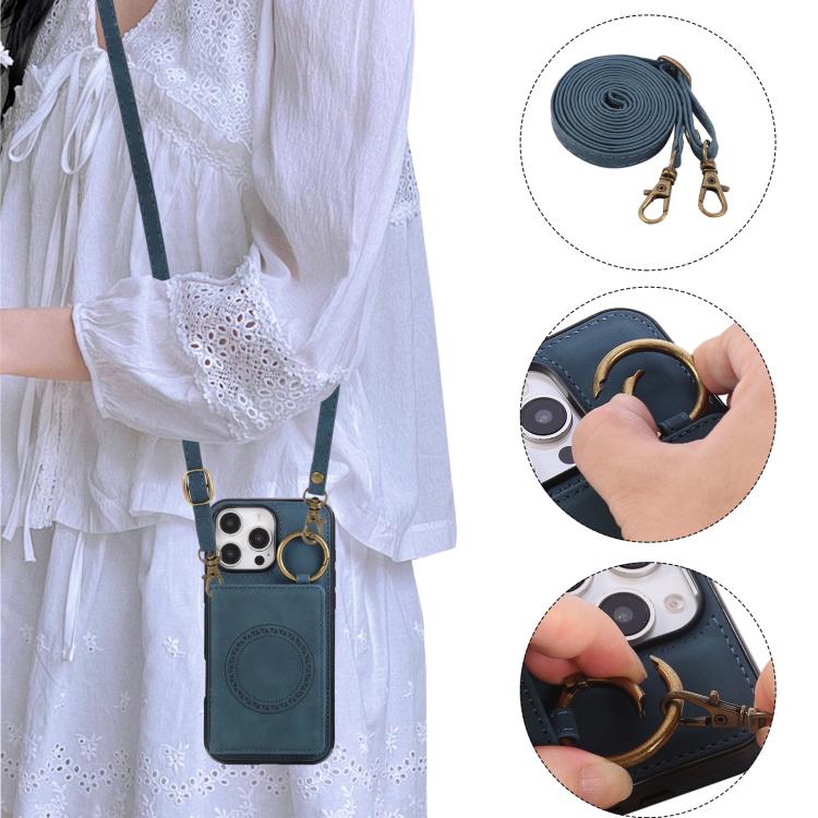 For iPhone 16 Pro Max Car Magnetic Ring Buckle Card Bag Phone Case with Lanyard