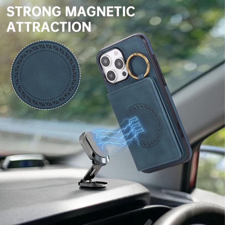 For iPhone 16 Pro Max Car Magnetic Ring Buckle Card Bag Phone Case with Lanyard