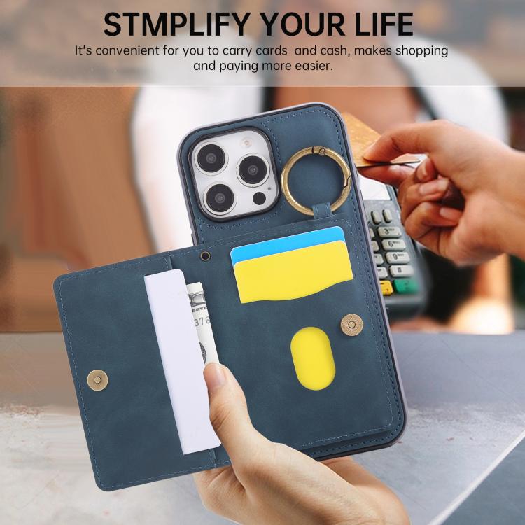 For iPhone 16 Pro Max Car Magnetic Ring Buckle Card Bag Phone Case with Lanyard