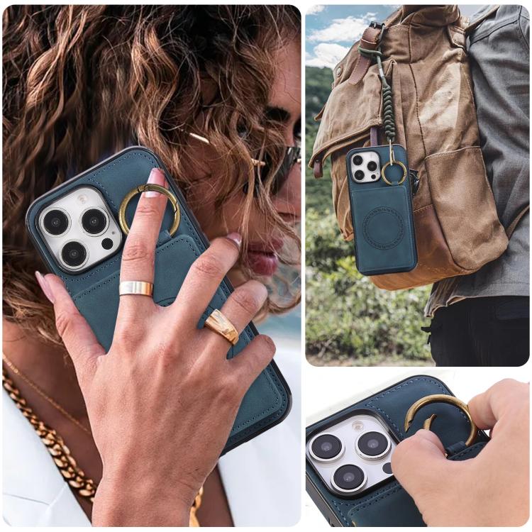 For iPhone 16 Pro Max Car Magnetic Ring Buckle Card Bag Phone Case with Lanyard