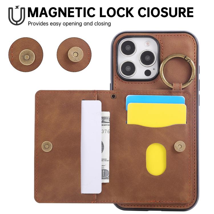 For iPhone 16 Pro Max Car Magnetic Ring Buckle Card Bag Phone Case with Lanyard