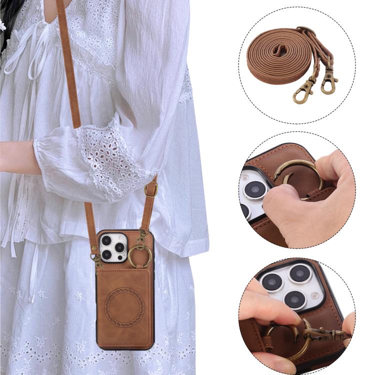 For iPhone 16 Pro Max Car Magnetic Ring Buckle Card Bag Phone Case with Lanyard