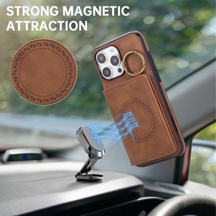 For iPhone 16 Pro Max Car Magnetic Ring Buckle Card Bag Phone Case with Lanyard