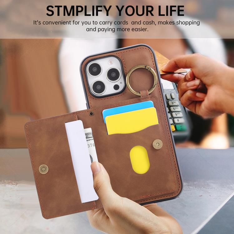 For iPhone 16 Pro Max Car Magnetic Ring Buckle Card Bag Phone Case with Lanyard