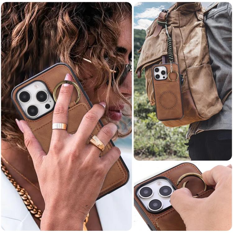 For iPhone 16 Pro Max Car Magnetic Ring Buckle Card Bag Phone Case with Lanyard