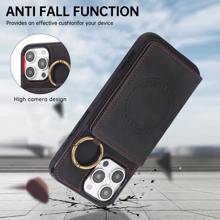 For iPhone 16 Pro Max Car Magnetic Ring Buckle Card Bag Phone Case with Lanyard