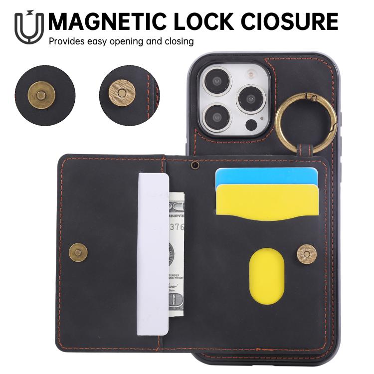 For iPhone 16 Pro Max Car Magnetic Ring Buckle Card Bag Phone Case with Lanyard