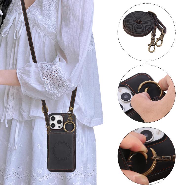 For iPhone 16 Pro Max Car Magnetic Ring Buckle Card Bag Phone Case with Lanyard