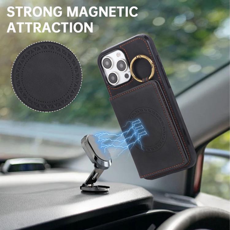 For iPhone 16 Pro Max Car Magnetic Ring Buckle Card Bag Phone Case with Lanyard