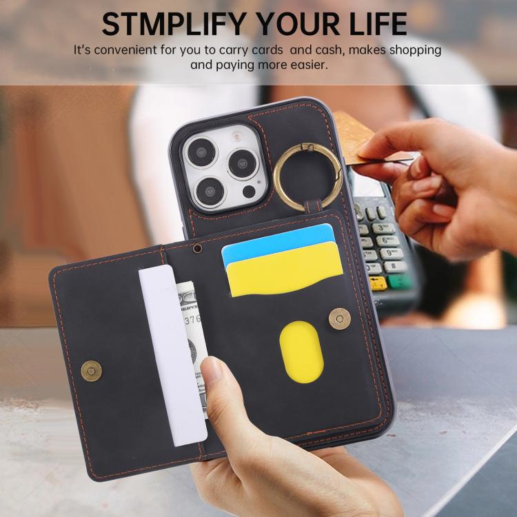 For iPhone 16 Pro Max Car Magnetic Ring Buckle Card Bag Phone Case with Lanyard