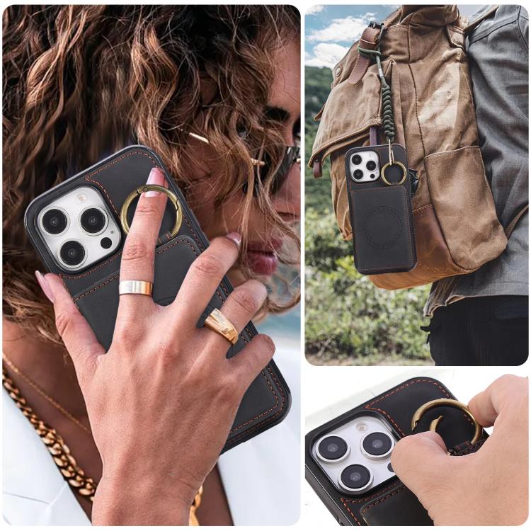 For iPhone 16 Pro Max Car Magnetic Ring Buckle Card Bag Phone Case with Lanyard