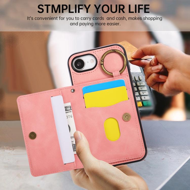For iPhone 17e / 16e Car Magnetic Ring Buckle Card Bag Phone Case with Lanyard