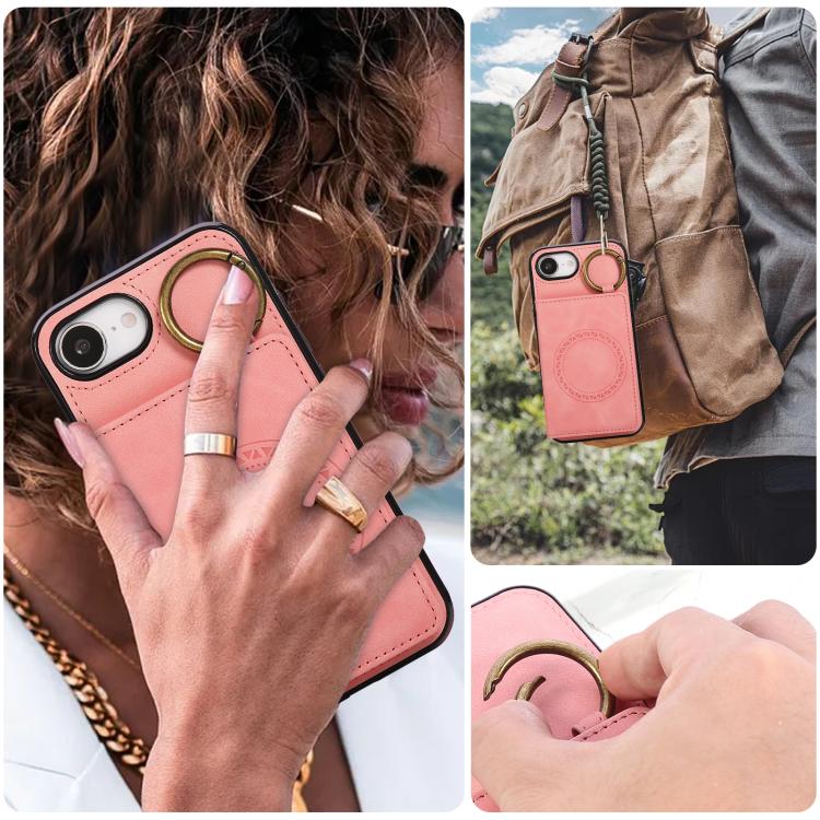 For iPhone 17e / 16e Car Magnetic Ring Buckle Card Bag Phone Case with Lanyard