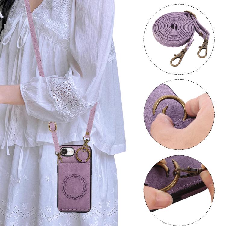 For iPhone 17e / 16e Car Magnetic Ring Buckle Card Bag Phone Case with Lanyard
