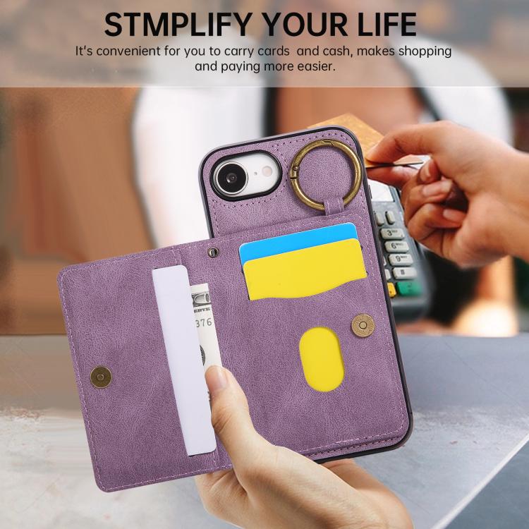 For iPhone 17e / 16e Car Magnetic Ring Buckle Card Bag Phone Case with Lanyard