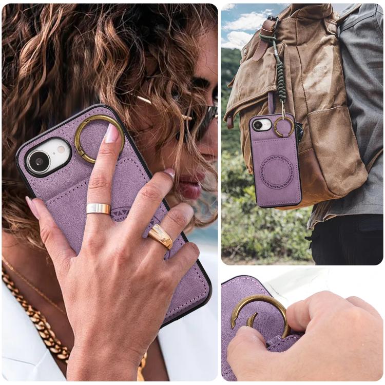 For iPhone 17e / 16e Car Magnetic Ring Buckle Card Bag Phone Case with Lanyard