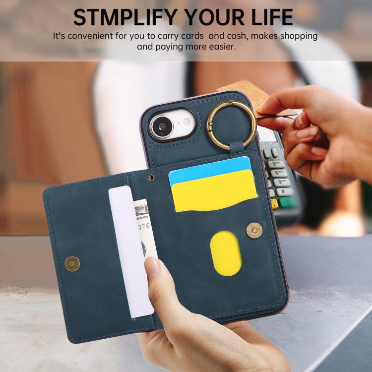 For iPhone 17e / 16e Car Magnetic Ring Buckle Card Bag Phone Case with Lanyard