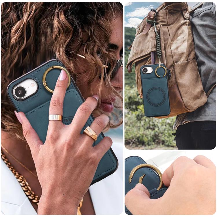 For iPhone 17e / 16e Car Magnetic Ring Buckle Card Bag Phone Case with Lanyard