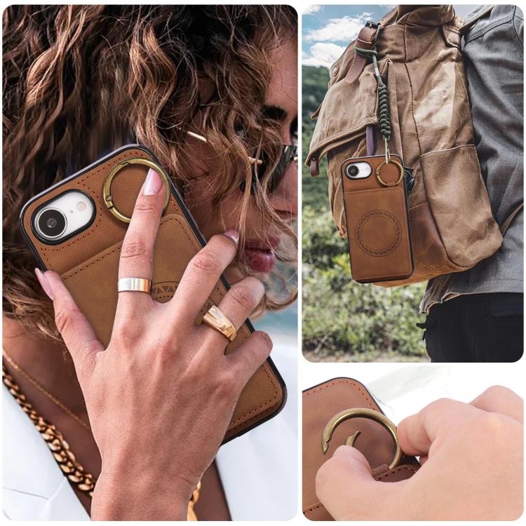 For iPhone 17e / 16e Car Magnetic Ring Buckle Card Bag Phone Case with Lanyard