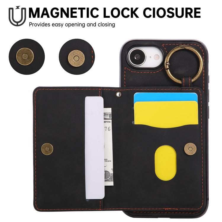 For iPhone 17e / 16e Car Magnetic Ring Buckle Card Bag Phone Case with Lanyard