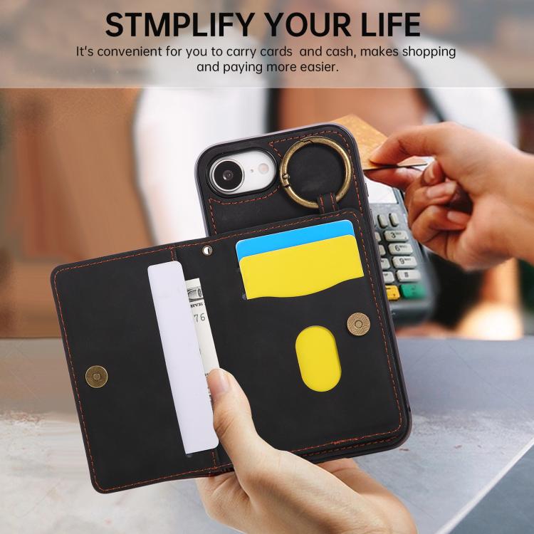 For iPhone 17e / 16e Car Magnetic Ring Buckle Card Bag Phone Case with Lanyard