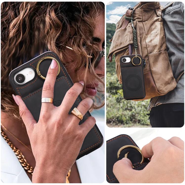 For iPhone 17e / 16e Car Magnetic Ring Buckle Card Bag Phone Case with Lanyard