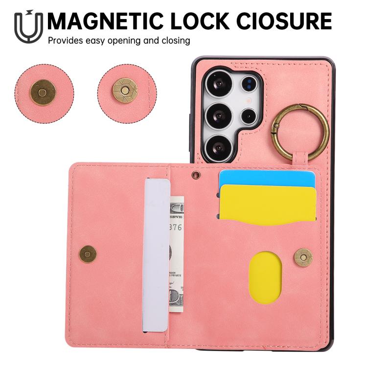 For Samsung Galaxy S25 Ultra 5G Car Magnetic Ring Buckle Card Bag Phone Case with Lanyard