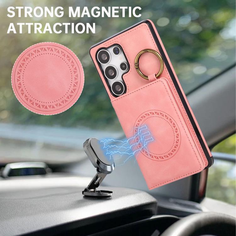 For Samsung Galaxy S25 Ultra 5G Car Magnetic Ring Buckle Card Bag Phone Case with Lanyard