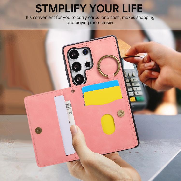 For Samsung Galaxy S25 Ultra 5G Car Magnetic Ring Buckle Card Bag Phone Case with Lanyard