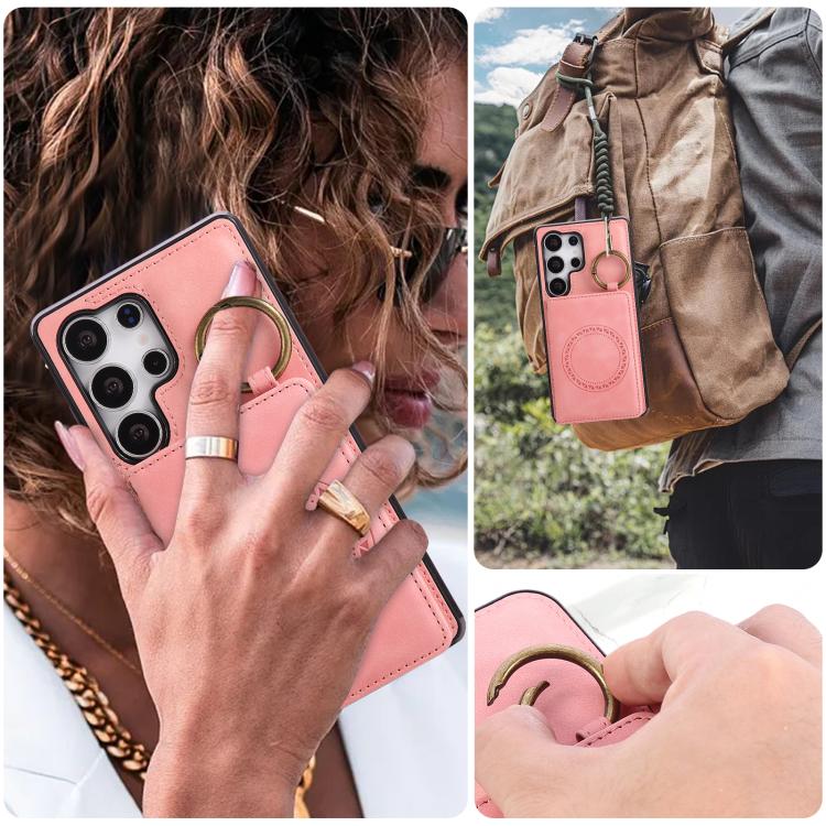 For Samsung Galaxy S25 Ultra 5G Car Magnetic Ring Buckle Card Bag Phone Case with Lanyard