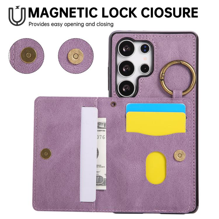 For Samsung Galaxy S25 Ultra 5G Car Magnetic Ring Buckle Card Bag Phone Case with Lanyard