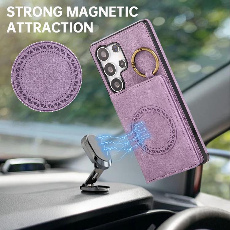 For Samsung Galaxy S25 Ultra 5G Car Magnetic Ring Buckle Card Bag Phone Case with Lanyard