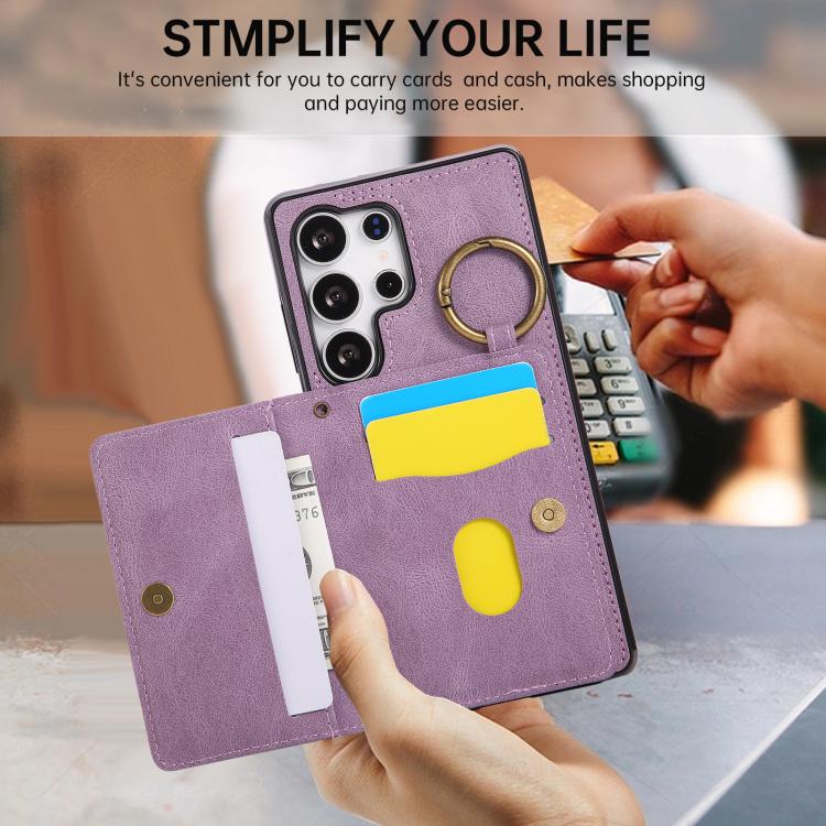 For Samsung Galaxy S25 Ultra 5G Car Magnetic Ring Buckle Card Bag Phone Case with Lanyard