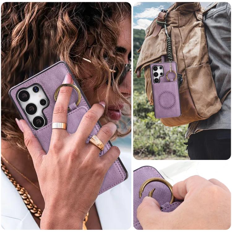 For Samsung Galaxy S25 Ultra 5G Car Magnetic Ring Buckle Card Bag Phone Case with Lanyard