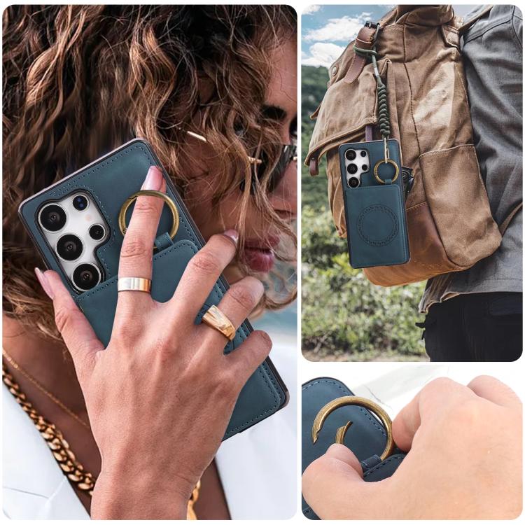 For Samsung Galaxy S25 Ultra 5G Car Magnetic Ring Buckle Card Bag Phone Case with Lanyard