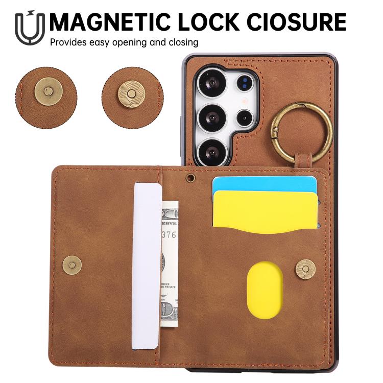 For Samsung Galaxy S25 Ultra 5G Car Magnetic Ring Buckle Card Bag Phone Case with Lanyard