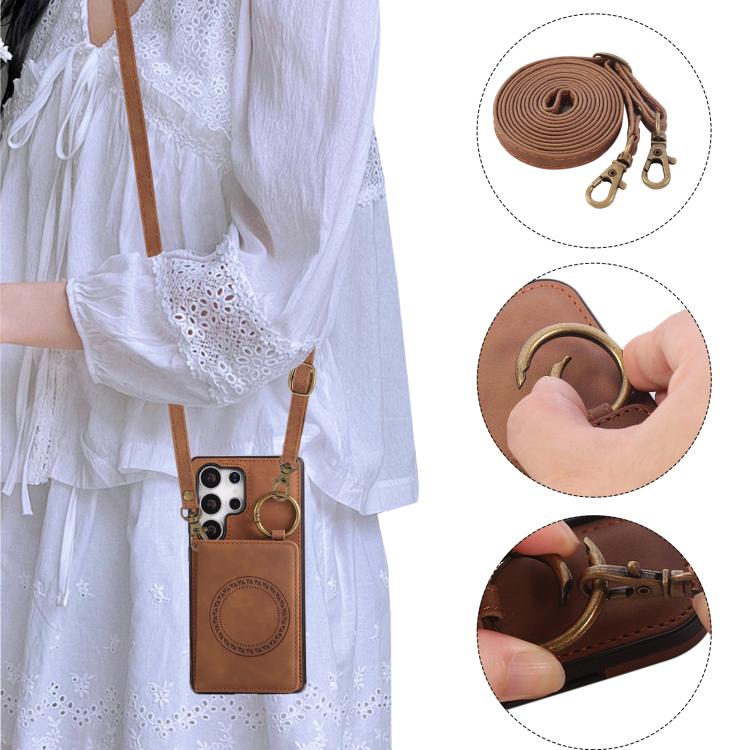 For Samsung Galaxy S25 Ultra 5G Car Magnetic Ring Buckle Card Bag Phone Case with Lanyard