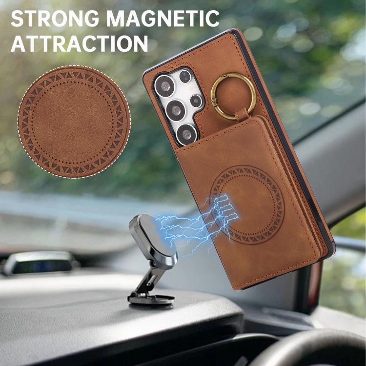 For Samsung Galaxy S25 Ultra 5G Car Magnetic Ring Buckle Card Bag Phone Case with Lanyard