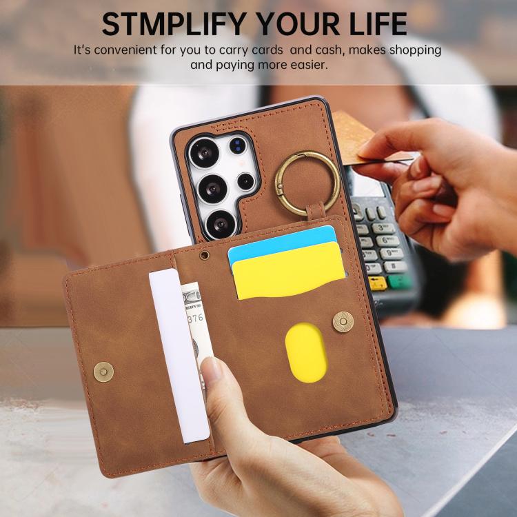 For Samsung Galaxy S25 Ultra 5G Car Magnetic Ring Buckle Card Bag Phone Case with Lanyard