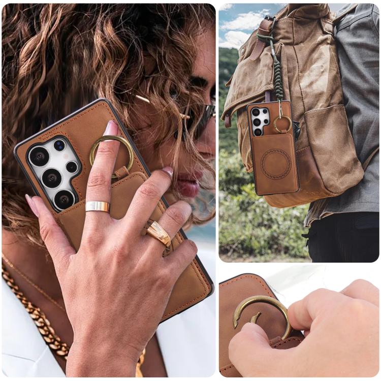 For Samsung Galaxy S25 Ultra 5G Car Magnetic Ring Buckle Card Bag Phone Case with Lanyard