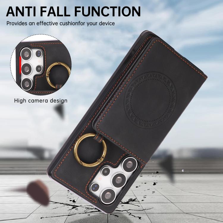 For Samsung Galaxy S25 Ultra 5G Car Magnetic Ring Buckle Card Bag Phone Case with Lanyard