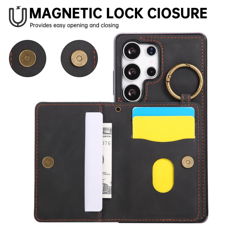 For Samsung Galaxy S25 Ultra 5G Car Magnetic Ring Buckle Card Bag Phone Case with Lanyard