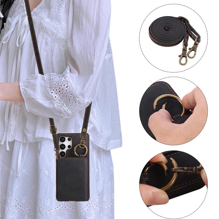 For Samsung Galaxy S25 Ultra 5G Car Magnetic Ring Buckle Card Bag Phone Case with Lanyard