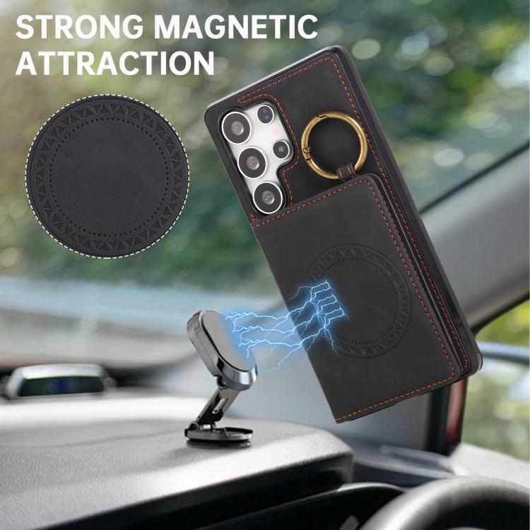 For Samsung Galaxy S25 Ultra 5G Car Magnetic Ring Buckle Card Bag Phone Case with Lanyard