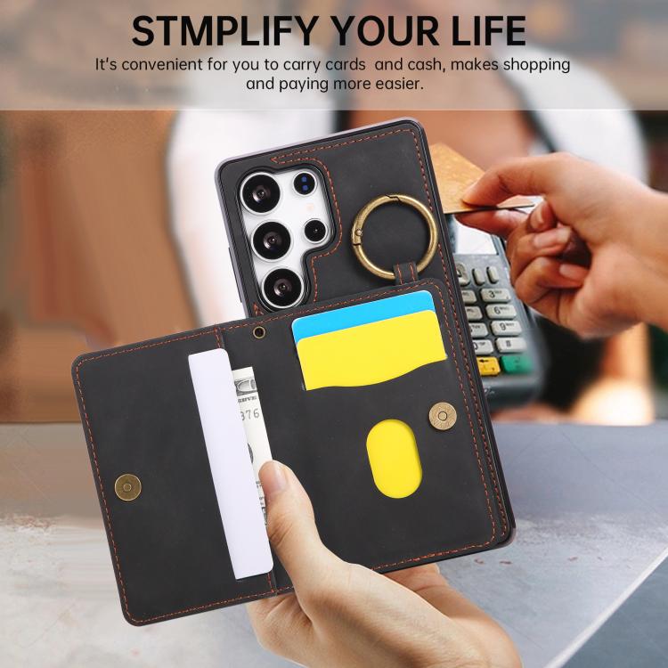 For Samsung Galaxy S25 Ultra 5G Car Magnetic Ring Buckle Card Bag Phone Case with Lanyard